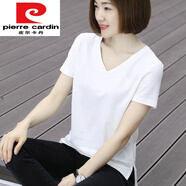 皮爾卡丹（pierre cardin）2024新款夏裝黑色雞心領短袖T恤女寬松v領上衣女白色半袖體恤 白色T850 色 M