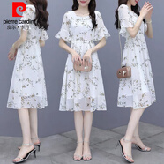 皮爾卡丹（pierre cardin）雪紡連衣裙女裝特賣(mài)夏季印花a字中長(cháng)款收腰碎花裙子 花色:【優(yōu)質(zhì)雪紡雙層】 S :建議80-95斤