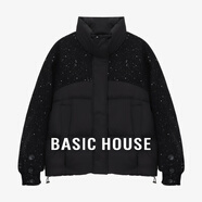 Basic House/百家好立領(lǐng)拼接亮鉆羽絨服冬季小個(gè)子保暖輕薄外套女 黑色 M