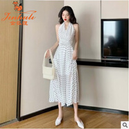 金狐貍夏天女裝名媛氣質(zhì)V領(lǐng)雪紡裙中長(cháng)款波點(diǎn)無(wú)袖掛脖連衣裙配裹胸針織 波點(diǎn)白色連衣裙 S