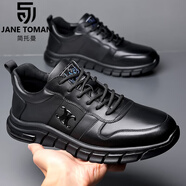 簡托曼（Jane ToMan）男鞋新款2025春季百搭透氣運動皮鞋男士增高氣墊軟底休閑鞋男 黑色四季款 38