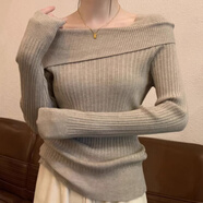 渾小象一字肩毛衣女打底衫秋冬新款針織衫女裝女士毛衣上衣內(nèi)搭可外穿 一字領(lǐng)不規(guī)則針織衫【卡其色】 均碼 建議80-130斤