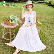 啄木鳥法式感連衣裙女夏季2025新款寬松大碼超長款棉綢碎花背心裙子 白色 白色會(huì)有點(diǎn)透 XL 95到118斤