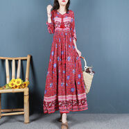 ROAR UTHAUG復(fù)古民族風(fēng)棉質(zhì)印花連衣裙女春夏季長款大擺裙寬松波西米亞長裙子 紅色 L 120-135斤左右