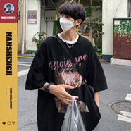 楠笙記日系動漫t恤男夏季潮牌嘻哈美式hiphop七分袖衣服大碼fog高街 黑色 L