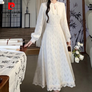 皮爾卡丹（pierre cardin）旗袍長(cháng)裙子女新中式改良古風(fēng)秋大·碼內搭加厚蕾絲優(yōu)雅氣質(zhì)連衣裙 杏色 M 【85-105斤】