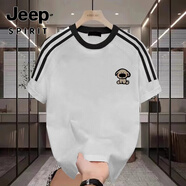 JEEP SPIRIT純棉重磅插肩三條杠短袖衫t恤男美式復(fù)古新中式設(shè)計(jì)感潮牌寬松上 Y01-淺灰色純棉8322 2XL