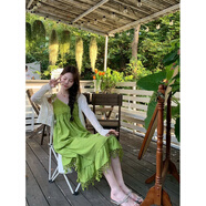 凌卡戚可愛(ài)設計款兩件套綠色甜美吊帶連衣裙女新款度假超仙森系裙子 花花防曬開(kāi)衫+綠色長(cháng)款長(cháng)裙 S 建議90斤下穿