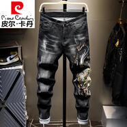 皮爾卡丹（pierre cardin）新款國(guó)潮高端刺繡花針織牛仔褲男彈力修身個(gè)性龍圖案潮流小腳長(zhǎng)褲 黑色 32
