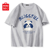 名創(chuàng)優(yōu)品（MINISO）純棉t恤男夏季2025新款衣服青少年親膚透氣時(shí)尚寬松大碼冰感短袖 【100%純棉】麻灰(大熊貓先森) S 165 (男女同款)