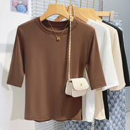 吻璦（wenai）短袖t恤女2025年夏季新款夏天2025早春五分袖T恤女韓版簡(jiǎn)約內搭中 咖啡色 S