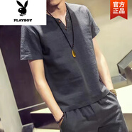 花花公子（PLAYBOY）冰絲短袖t恤男夏季薄款亞麻半袖上衣大碼V領(lǐng)男士寬松男裝棉麻體恤 灰色袖短 XL