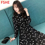 FSHE復(fù)古碎花雪紡連衣裙女春夏季2025新款韓版打底長袖中長款長裙子 白色波點(diǎn)裙_YZ.A114 S _78-90斤