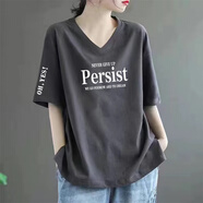 秀絲路女士短袖高檔女時(shí)尚一點(diǎn)大碼v領(lǐng)t恤寬松顯瘦遮肚子夏裝新款洋氣 灰色-PE字母 3XL 建議150-175斤