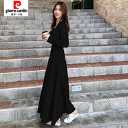 皮爾卡丹（pierre cardin）新款高個子春秋超長款連衣裙女腳踝氣質(zhì)大碼女裝拖地長裙子 黑色 L 107-117斤