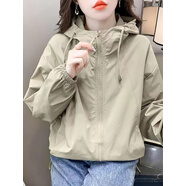 GOCHIEI純色短款連帽外套女2025春秋季新款簡約時尚寬松休閑夾克上衣 綠色 2XL 130-140斤