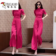 啄木鳥(niǎo)網(wǎng)紅氣質(zhì)時(shí)尚女秋季新款短袖連衣褲洋氣顯瘦純色收腰闊腿褲連體褲 WH2625#玫紅色 S 【建議 80-95斤】