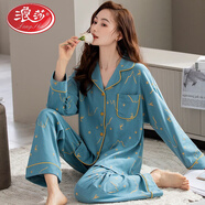 浪莎（LangSha）純棉睡衣女春秋新款長(cháng)袖全棉開(kāi)衫可外穿大碼家居服套裝 深藍小鹿[精梳棉] XL [115-130斤]