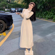 伊琦蕾kumikumi甜美風(fēng)套裝粉色毛呢外套女裝秋季半高領(lǐng)長袖連衣裙兩件套 米杏色連衣裙【高質(zhì)量】 L