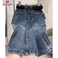 皮爾卡丹（pierre cardin）【2.3萬(wàn)人收藏】特大碼300斤胖mm高腰開(kāi)叉裙女韓版顯瘦氣質(zhì)中 藍色(不含腰帶) 2XL 建議120-150斤