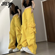 Jretins復(fù)古街頭工裝褲女跳舞休閑運(yùn)動直筒寬松韓版顯瘦闊腿長褲 黃色  M 建議95-105斤左右
