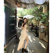 FSHE落跑公主白色吊帶連衣裙女夏季收腰不規則下擺碎花裙子2025年新款 米色 S