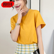 燠陽彩色精梳棉純棉短袖t恤男女同款時尚寬松顯瘦女裝舒適情侶裝衣服 姜黃色 5XL 【190-220斤】