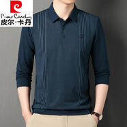 皮爾卡丹（pierre cardin）春秋裝條紋印花爸爸長袖T恤男純棉翻領(lǐng)大碼上衣中年男純棉打底衫 831藏青 M 165/105(100-120斤)