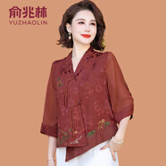 俞兆林新中式襯衫外套春夏新款媽媽唐裝中袖女上衣七分袖國風小衫 棗紅色 2XL  (參考105-120斤)