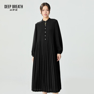 深呼吸DEEP BREATH女裝立領高腰寬松百褶長款中式風連衣裙A500407 黑 L (4碼)