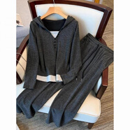 憶思減慵懶連帽假兩件上衣闊腿褲兩件套大碼大碼胖mm休閑氣質(zhì)顯瘦套裝女 灰色 連帽假兩件上衣+闊腿褲 XL 建議115-130斤