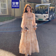 羅蒙法式印花雪紡連衣裙女2024春秋年新款設(shè)計(jì)感氣質(zhì)顯瘦絕美仙女長(zhǎng)裙 花色 L 【126斤-140斤】