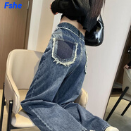 FSHE復古水洗直筒牛仔褲女拖地褲夏秋新款寬松顯瘦百搭時(shí)尚高腰闊腿褲 復古藍#817+腰帶 XL