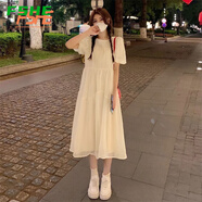 FSHE初戀連衣裙白月光復(fù)古泡泡袖短袖連衣裙夏季女2025高腰中長裙裙子 杏色連衣裙 M 建議【75-90】