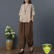 夏典素訂女王素訂棉麻復(fù)古上衣女2025刺繡文藝短款夏季女裝中國風(fēng)民族風(fēng)t恤 卡其色+咖色九分褲 2XL 建議130-145斤
