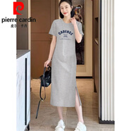 皮爾卡丹（pierre cardin）2025夏季新款純棉短袖t恤裙女寬松休閑獨(dú)特好看中長款開叉連衣裙 1323-花灰色開叉連衣裙 -藍(lán)色印 M 100-115斤