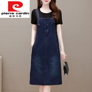 皮爾卡丹（pierre cardin） 2022新款夏季女今年流行款假兩件運動減齡中年牛仔背帶裙連衣裙 深藍 XXXL