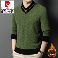 皮爾卡丹（pierre cardin）品牌加厚純羊毛430克男士V領套頭毛衣時尚潮保暖打底針織衫長上衣 綠色 M 165 (90-115斤)