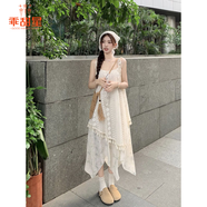 乖甜星流蘇拼接假兩件碎花吊帶連衣裙女夏季浪漫法式溫柔風(fēng)超仙度假裙子 米色假兩件 均碼