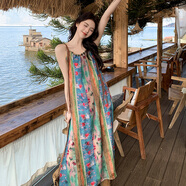 裴客民族風(fēng)兩件套裝裙波西米亞吊帶連衣裙女夏季大碼海邊度假沙灘長(cháng)裙 H4儷花吊帶裙 均碼