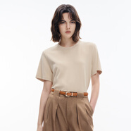 伊芙麗（eifini）【經典延續(xù)】天然桑蠶絲簡約真絲混紡絲光內搭T恤女打底上衣 淺卡其 M 100-110斤