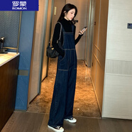 羅蒙（ROMON）  藍(lán)色高腰牛仔背帶褲女春秋寬松大i碼直筒闊腿褲減齡吊帶連體長 深藍(lán)色 L 105-115斤