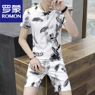 羅蒙（ROMON）2025夏季韓版冰絲運動一套裝男裝短袖t恤薄款體恤搭配短褲兩件套 羽毛白 套裝 L 適合105-120斤