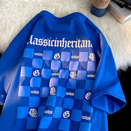 文頗100%純棉棋盤(pán)格短袖t恤女夏季寬松百搭半袖體恤潮牌情侶上衣ins 38-10-寶藍 XL