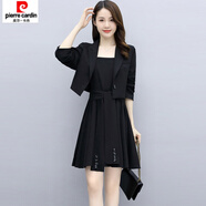 皮爾卡丹（pierre cardin）長袖小個(gè)子連衣裙女兩件套春秋新款氣質(zhì)高端顯瘦洋氣套裝裙子 黑色 2XL