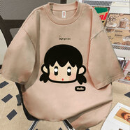 文頗100%純棉短袖t恤男女夏季爆款卡通女孩設(shè)計(jì)感印花高級(jí)情侶上衣潮 190克-卡其 XL 建議125-140斤