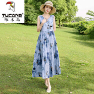 啄木鳥（TUCANO）棉綢波西米亞風(fēng)連衣裙2025夏季新款無(wú)袖度假人造棉減齡百搭長(zhǎng)裙子 1號(hào)色 3XL 建議130-145斤