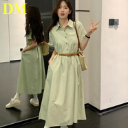 DALEY MODE法式新款氣質(zhì)收腰顯瘦Polo領(lǐng)短袖連衣裙女學(xué)生夏季甜美溫柔風(fēng)裙子 綠色[腰帶] M [小禮]