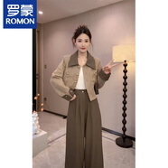 羅蒙小香風(fēng)時(shí)尚衛(wèi)衣套裝女秋季新款氣質(zhì)撞色polo領(lǐng)短款外套高腰兩件套 咖色外套+長褲 XL 【建議 115-125