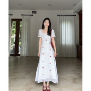 郭九九呢 甜美碎花定制刺繡收腰黑色抽繩方領(lǐng)連衣裙夏 G924Q04709 白底紅花小個(gè)子版-121CM L 均碼